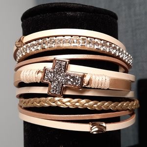 Cream Leather Gold Cross Religious Druzy Stone Pearl Magnetic Closure Br…